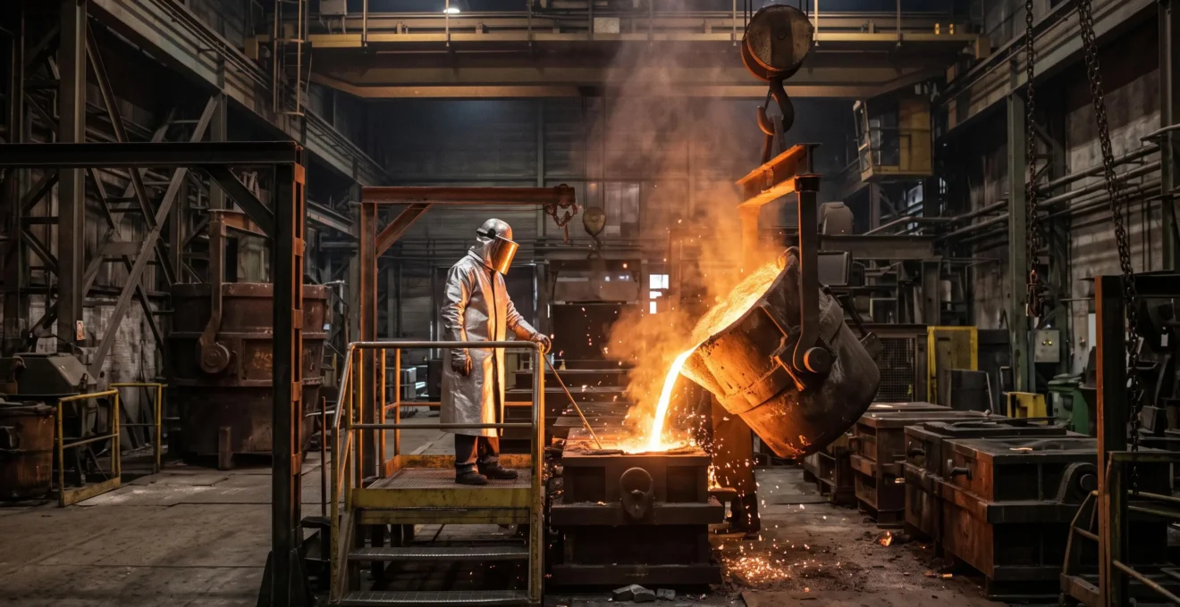 Ouvrier de fonderie en équipement de protection surveillant une coulée de métal en fusion dans un atelier métallurgique industriel
