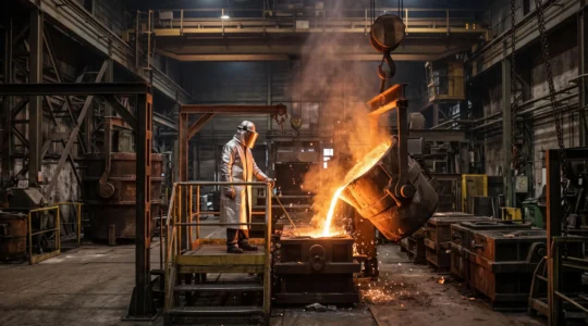 Ouvrier de fonderie en équipement de protection surveillant une coulée de métal en fusion dans un atelier métallurgique industriel