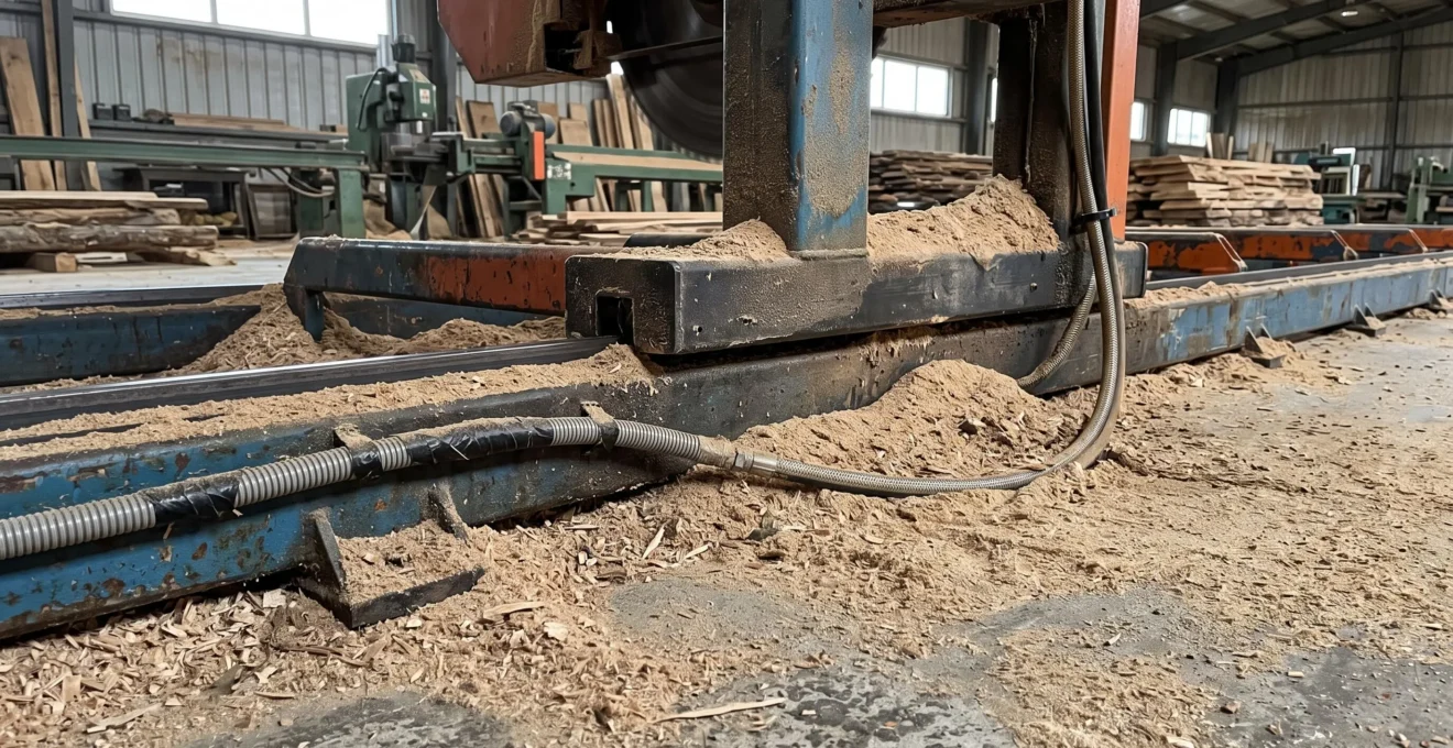 Opérateur de scierie industrielle utilisant une machine de découpe de bois avec sciure visible dans l'air et stocks de bois empilés en arrière-plan Opérateur de scierie industrielle utilisant une machine de découpe de bois avec sciure visible dans l'air et stocks de bois empilés en arrière-plan