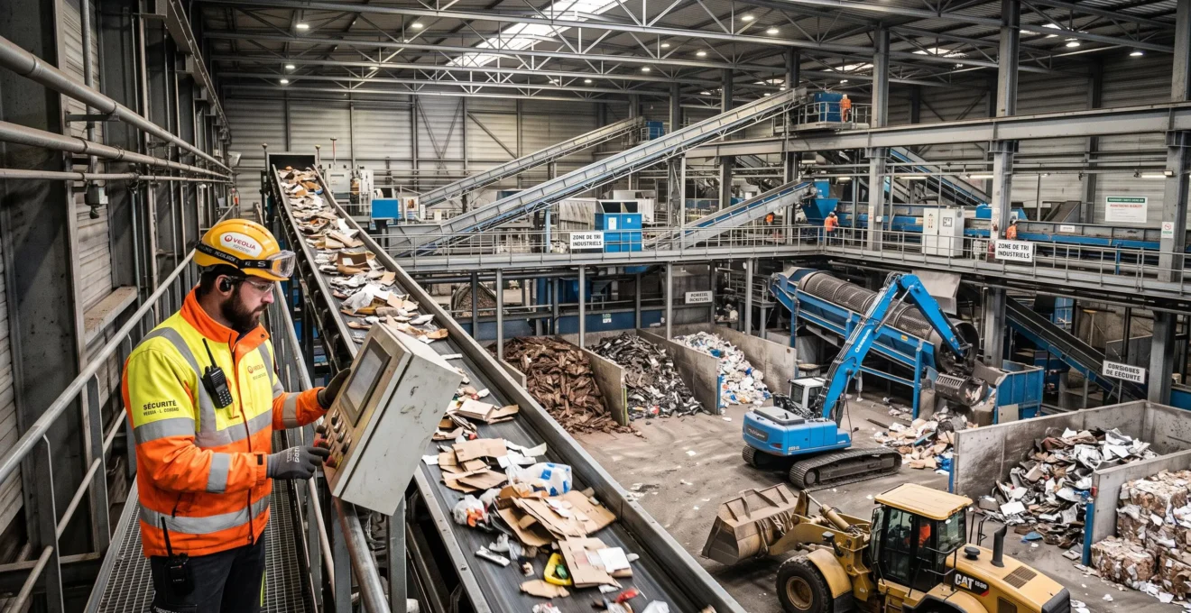 Opérateur en tenue de sécurité supervisant les opérations de tri et traitement de déchets industriels dans un centre de traitement Opérateur en tenue de sécurité supervisant les opérations de tri et traitement de déchets industriels dans un centre de traitement